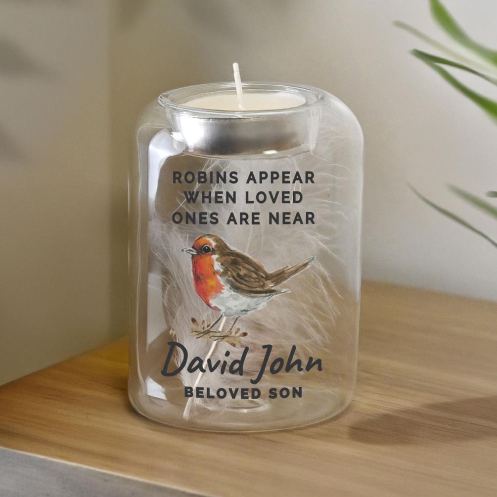 Personalised Robin Memorial Feather Tealight Holder Extra Image 2